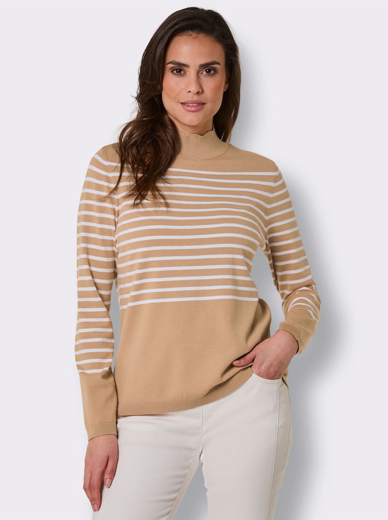 CREATION L PREMIUM Feinstrickpullover mit Wellenkante - camel-ecru-geringelt