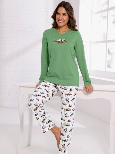 Schlafanzug mit Panda-Motiv - apfel-ecru-bedruckt