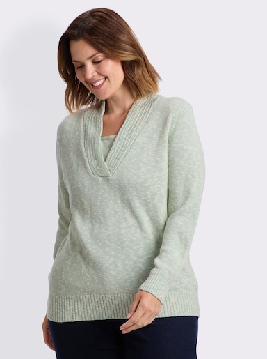 V-Ausschnitt-Pullover in 2-in-1-Optik - kalkmint-meliert