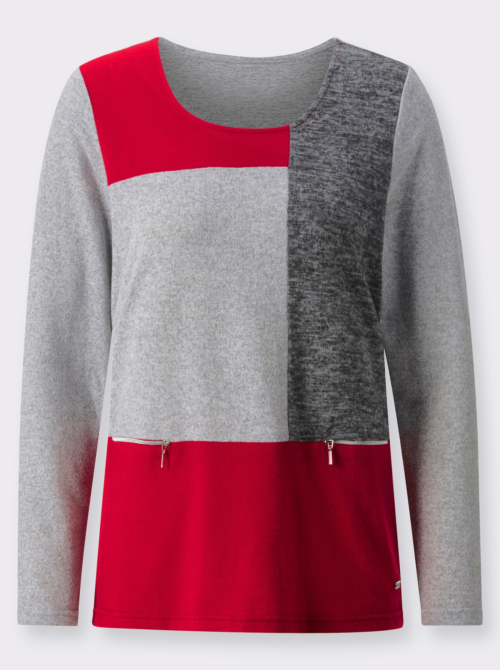 Rundhalspullover in Patch-Optik - rot-grau-gemustert