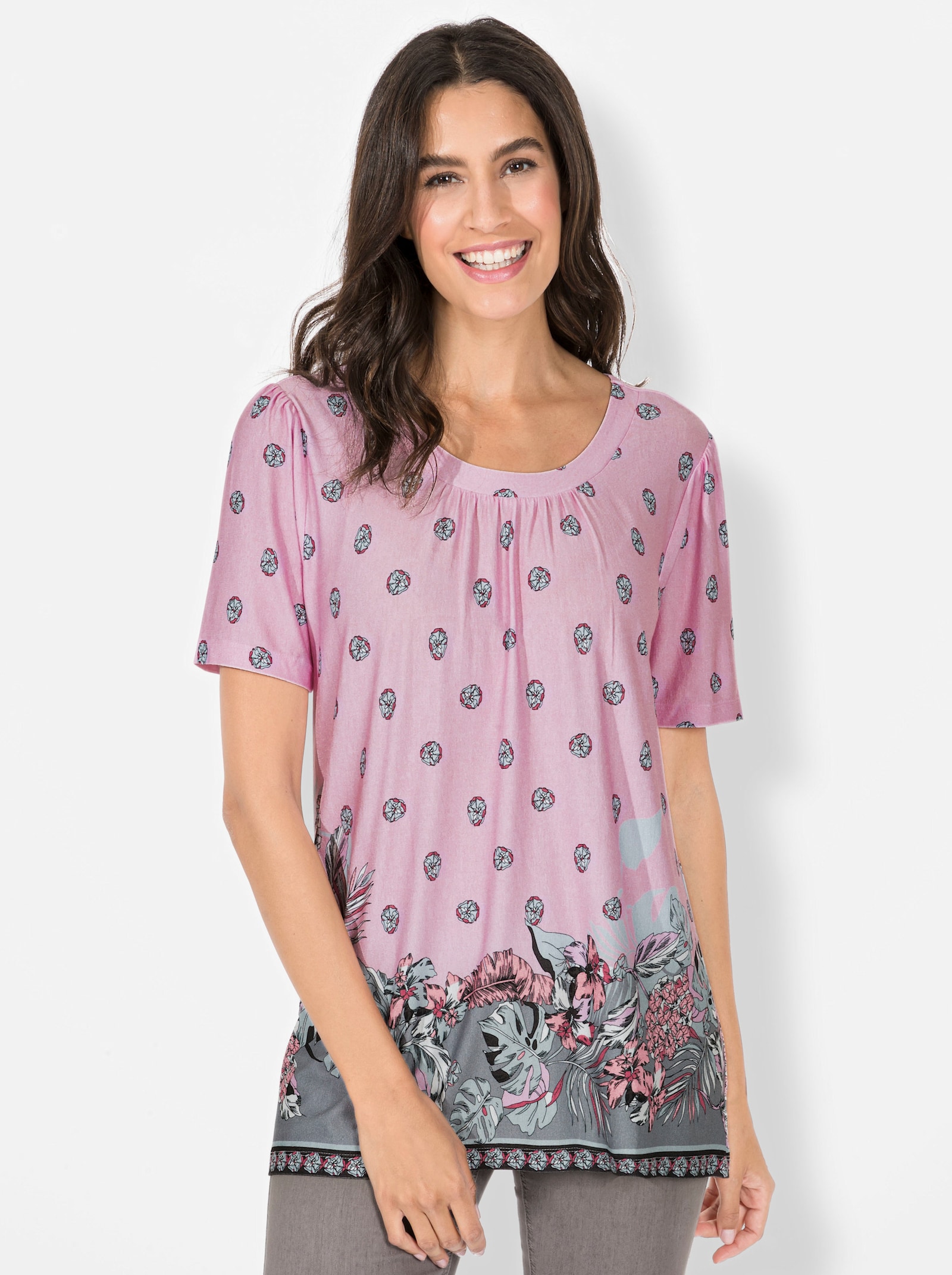 Tunikashirt mit Raffung am Ausschnitt - hellrosé-bedruckt