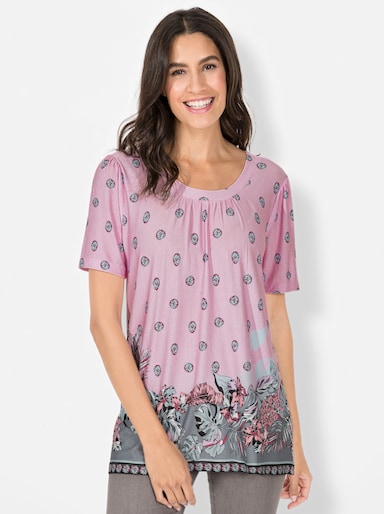 Tunikashirt mit Raffung am Ausschnitt - hellrosé-bedruckt