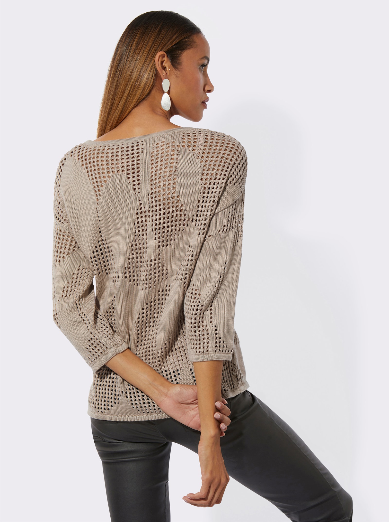 Ajourpullover met opstaande kraag en glanzende siersteentjes - beige