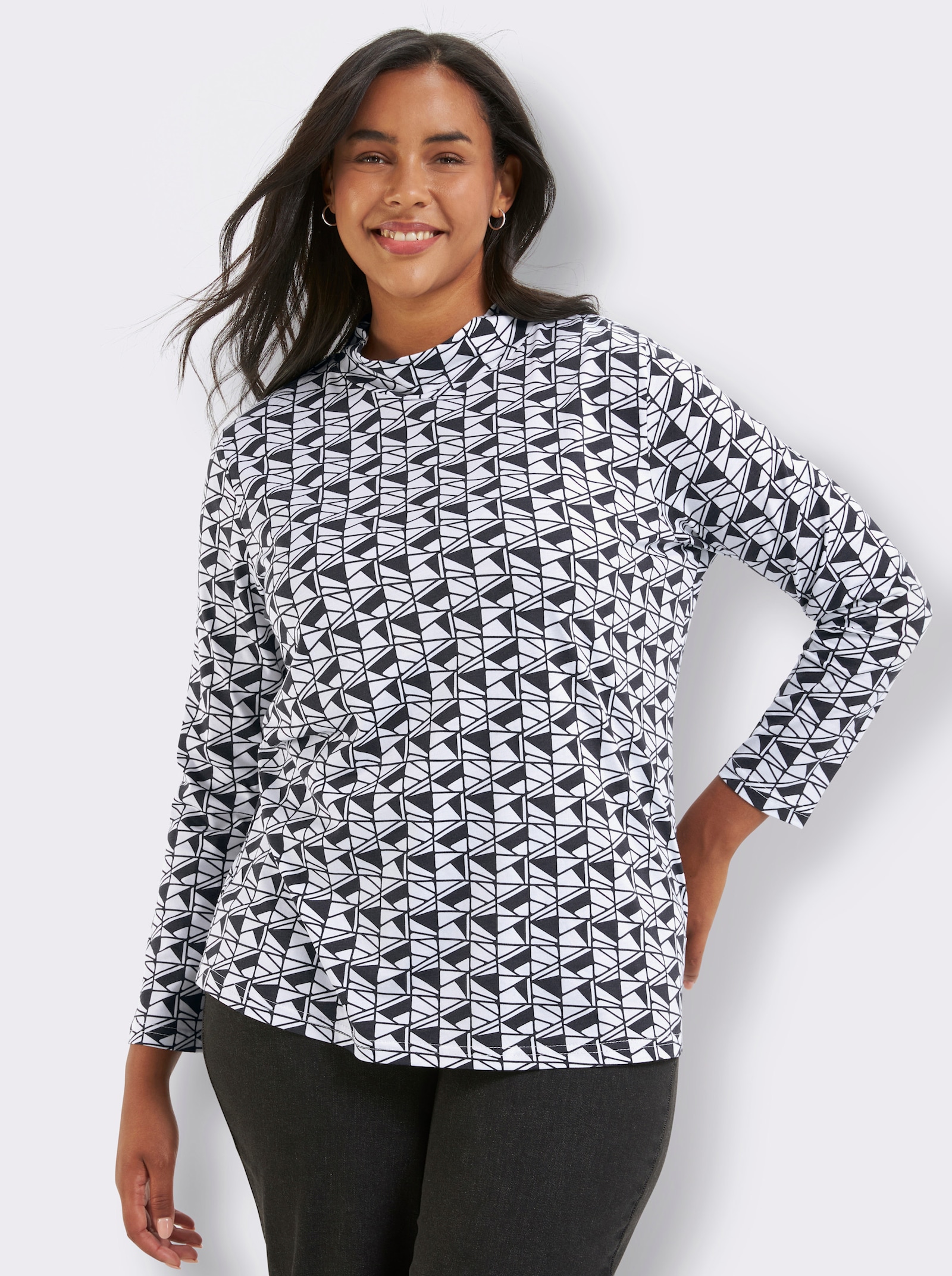 Stehkragenshirt mit Grafikdruck - schwarz-weiß-bedruckt