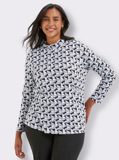 Stehkragenshirt mit Grafikdruck - schwarz-weiß-bedruckt