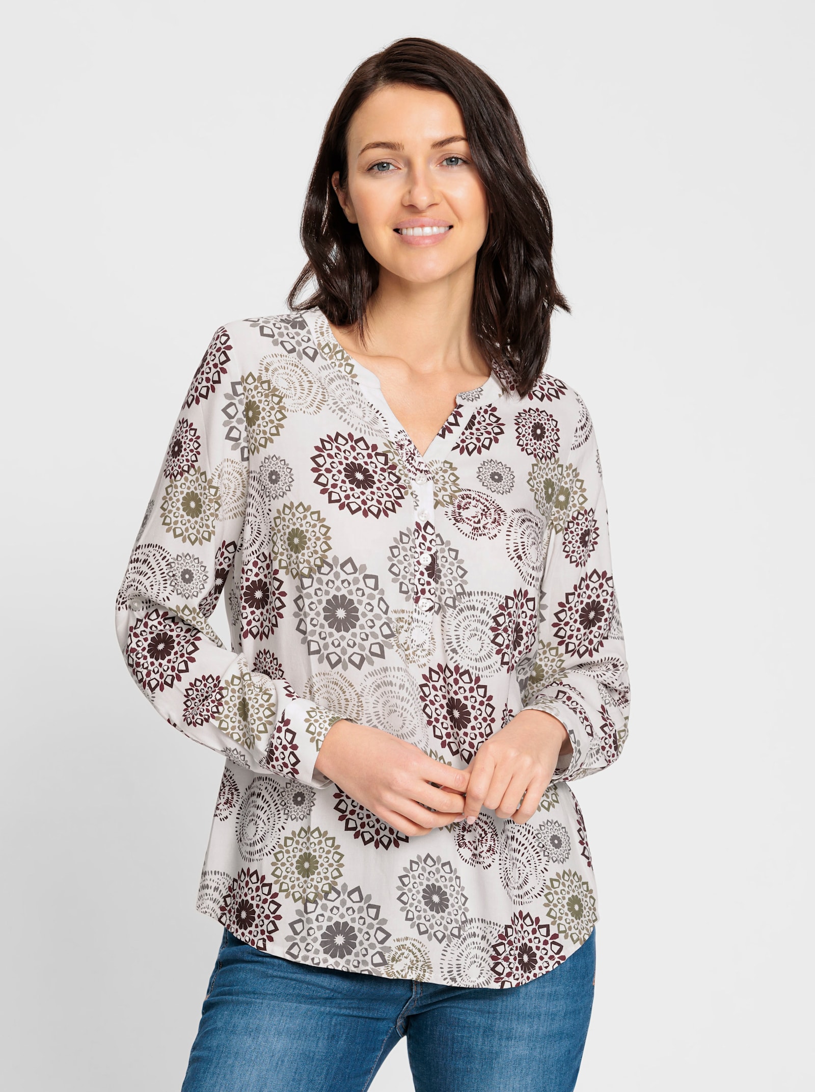 Blouse met lange opstroopbare mouwen - ecru/bordeaux bedrukt