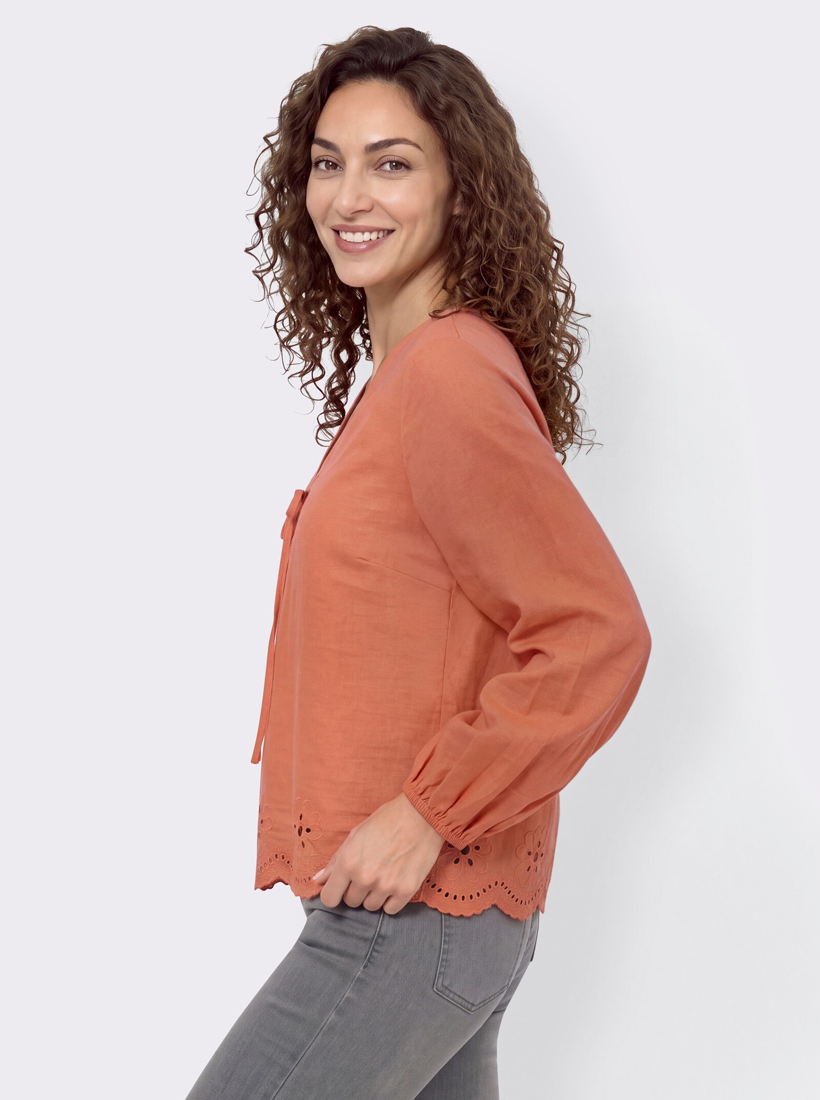 Baumwollbluse mit Lockstickerei - papaya