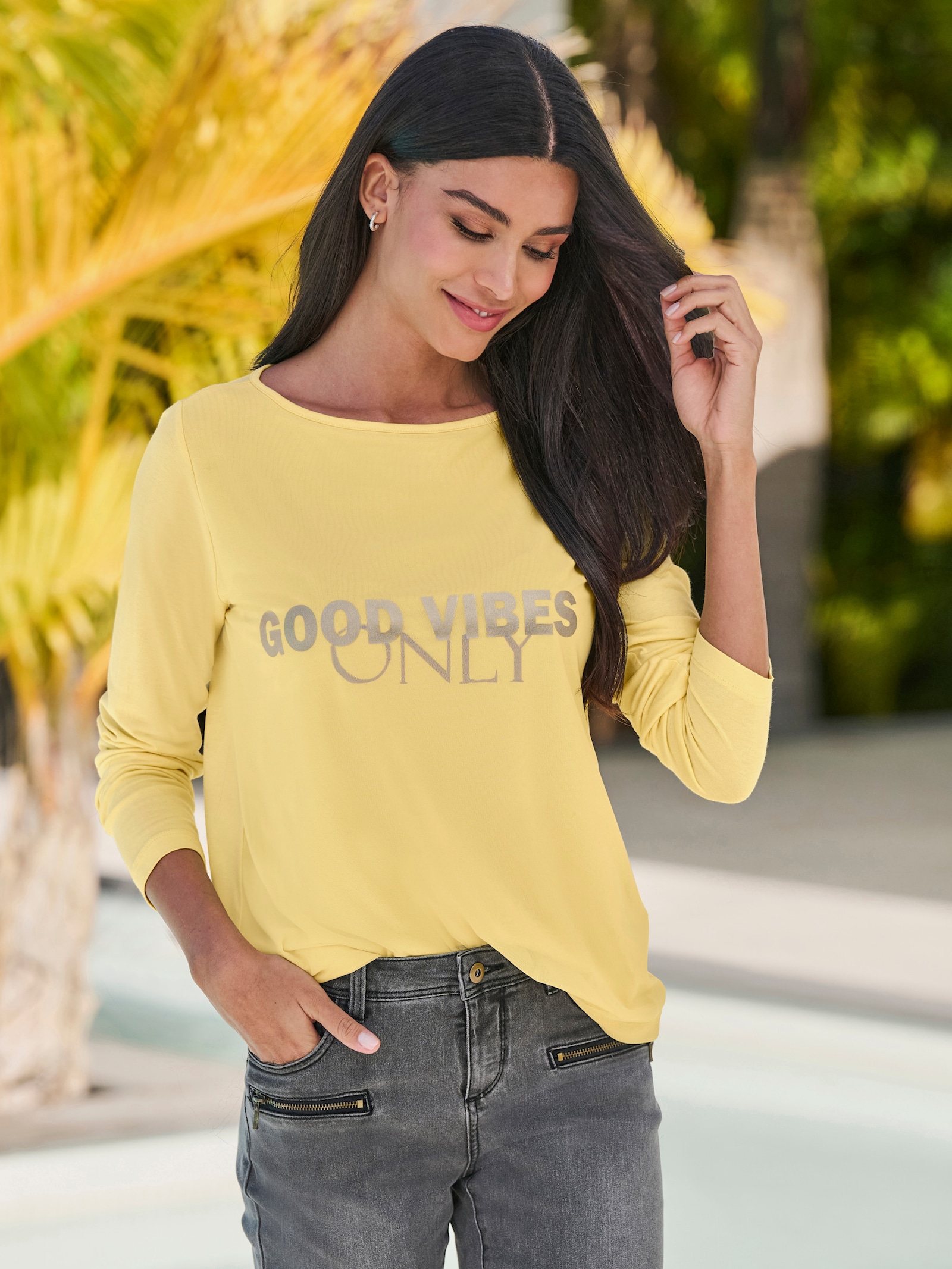 heine Langarmshirt mit Foliendruck - zitrone-anthrazit