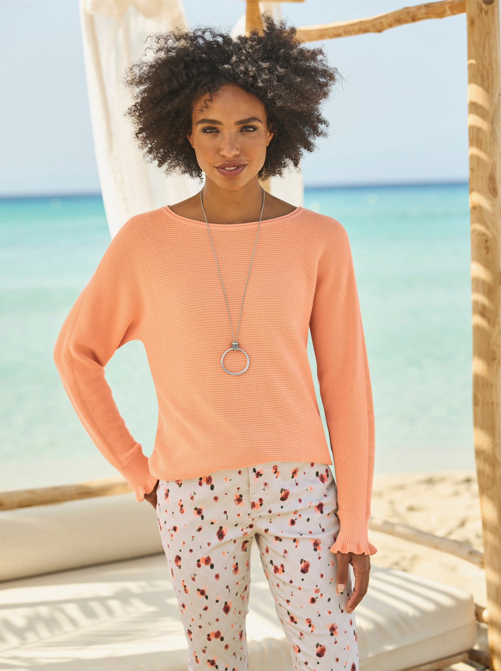 heine Rundhalspullover mit Raffungen - apricot