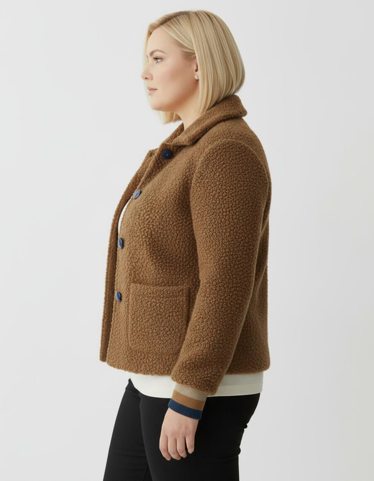 Boucléjacke mit gestreiften Ärmel-Bündchen - cognac