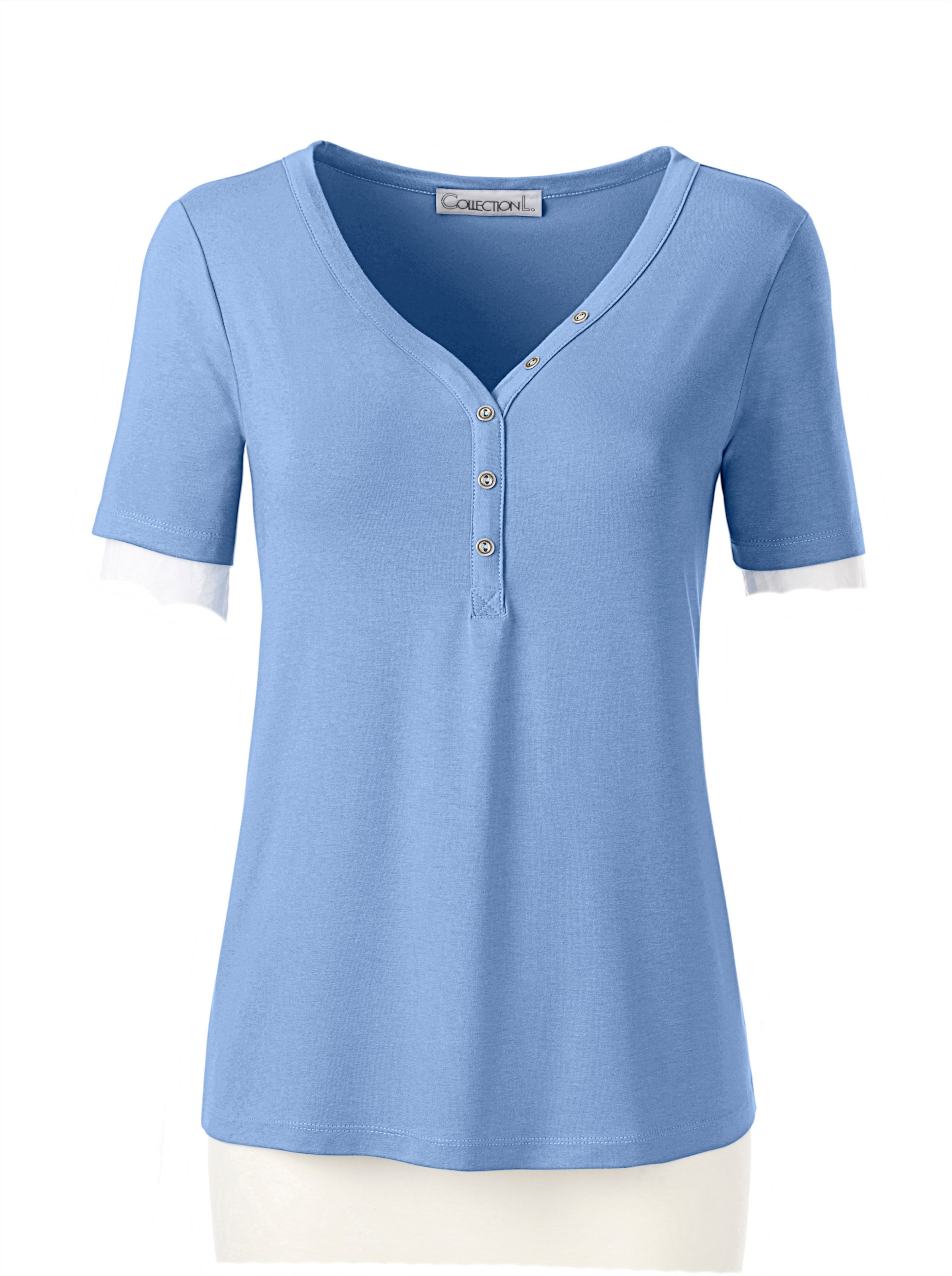 Basic günstig Kaufen-Kurzarmshirt in bleu von heine. Kurzarmshirt in bleu von heine <![CDATA[Softweiches Basic! Shirt mit Knöpfchenverzierung am herzförmigen Ausschnitt.]]>. 