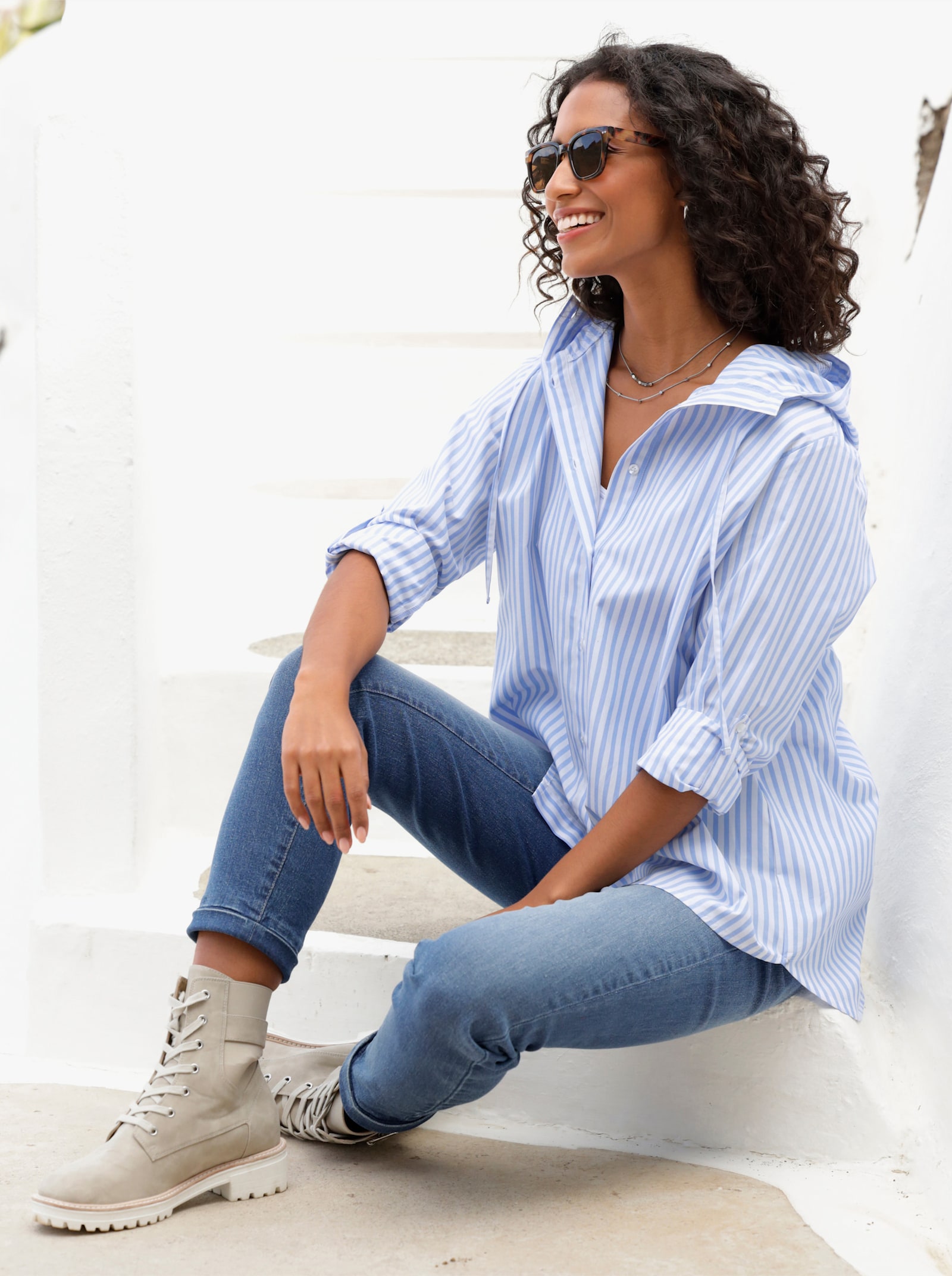 heine Randig blus med huva - himmelsblå-ecru-randig