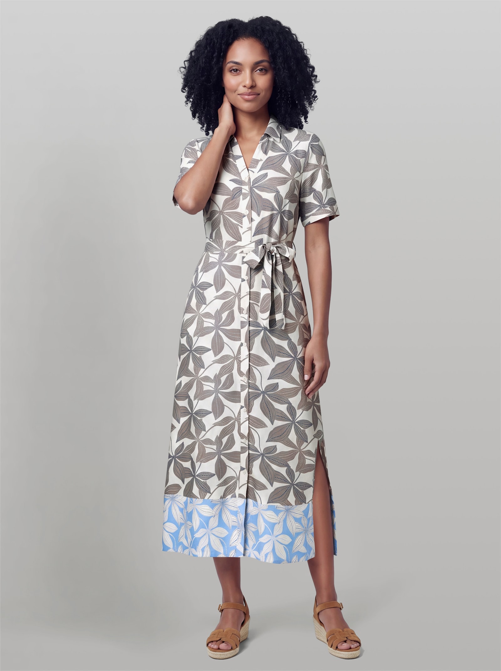 heine Druckkleid mit Taschen - taupe-himmelblau-bedruckt