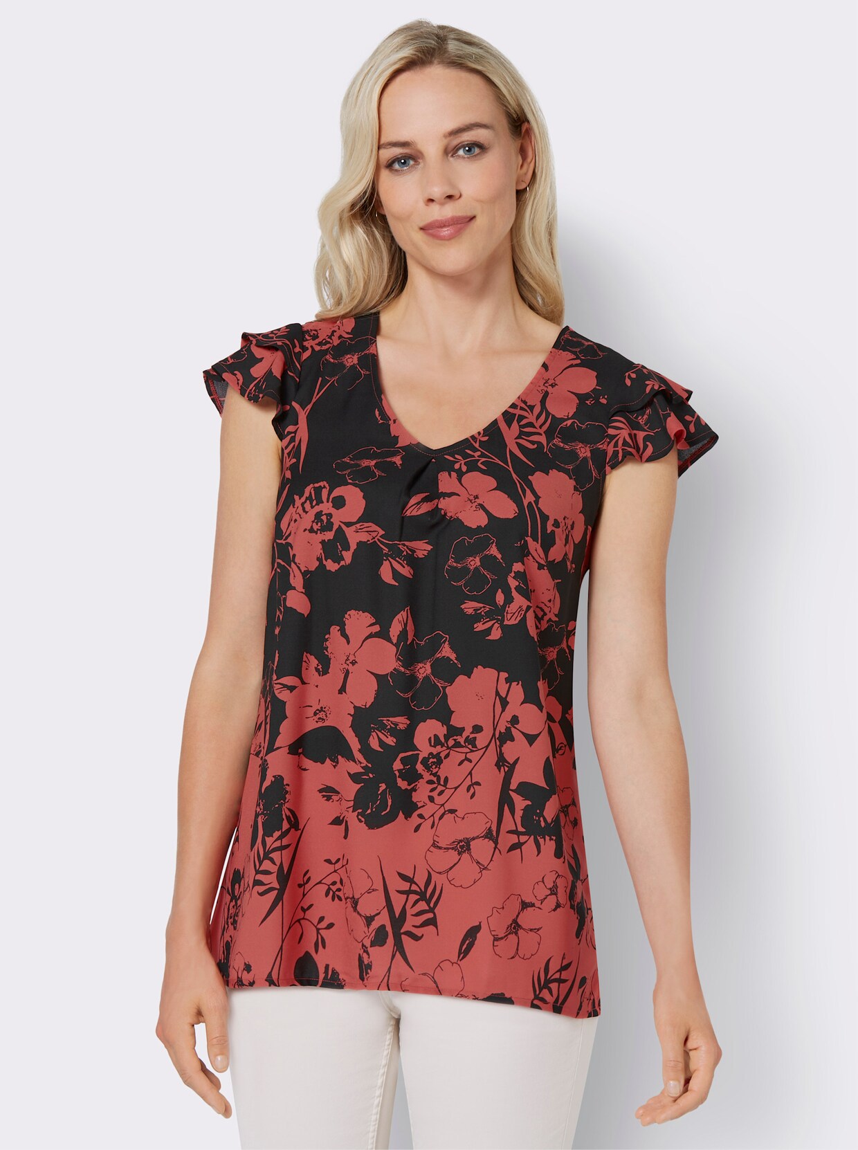 Strikblouse - zwart/grapefruit bedrukt