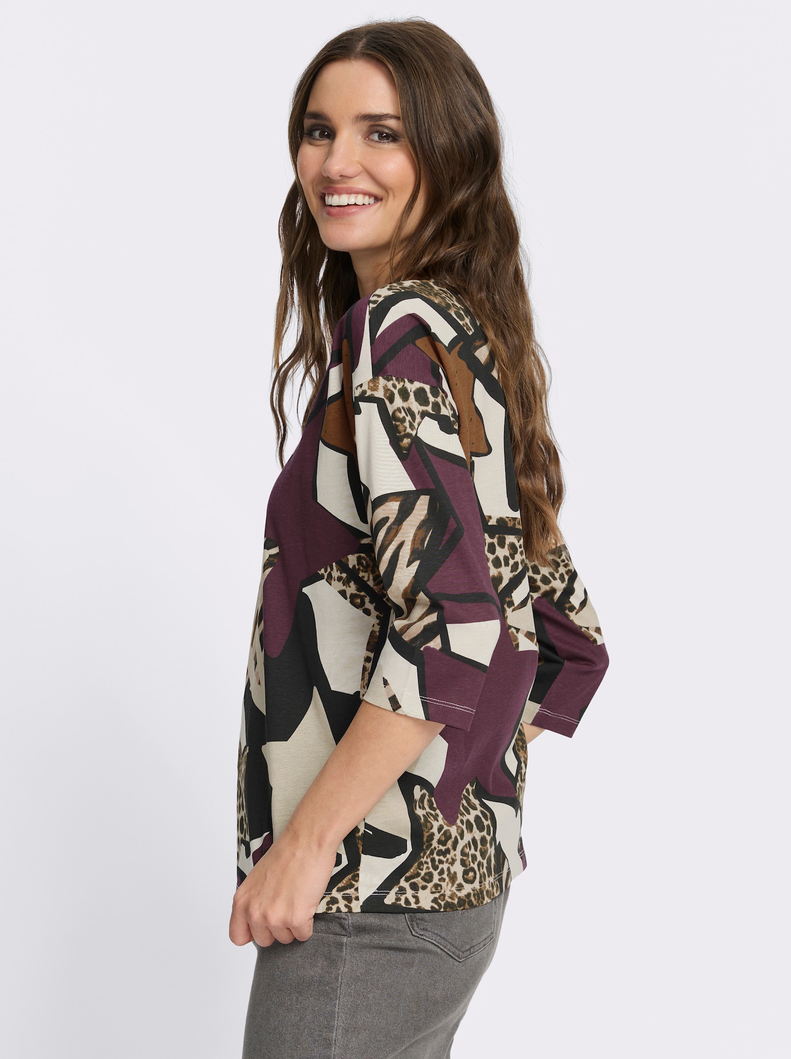 3/4-Arm-Shirt aus reiner Baumwolle - burgund-champagner-bedruckt