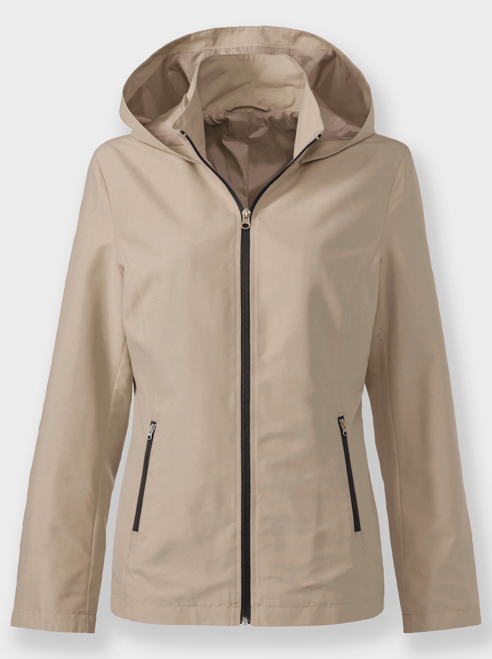 Kapuzenjacke mit Kontrast-Reissverschluss, gefüttert - beige