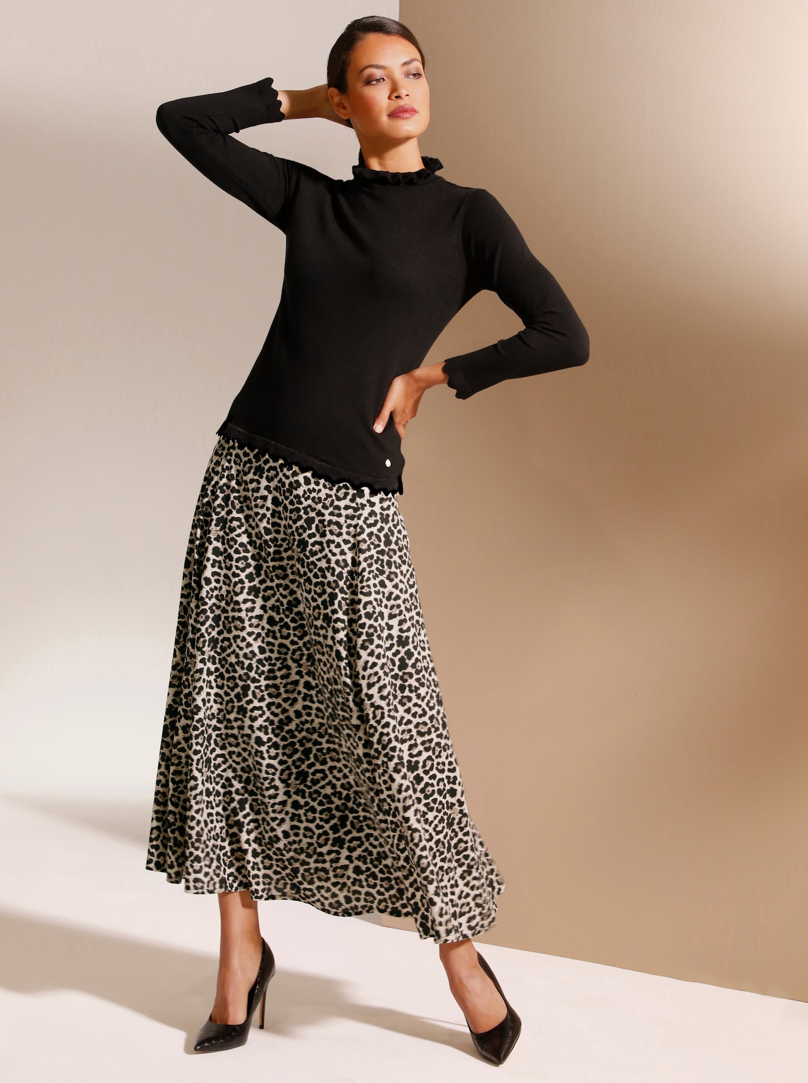 CREATION L PREMIUM Bahnenrock aus Modal mit Viskose-Futter - elfenbein-schwarz-bedruckt