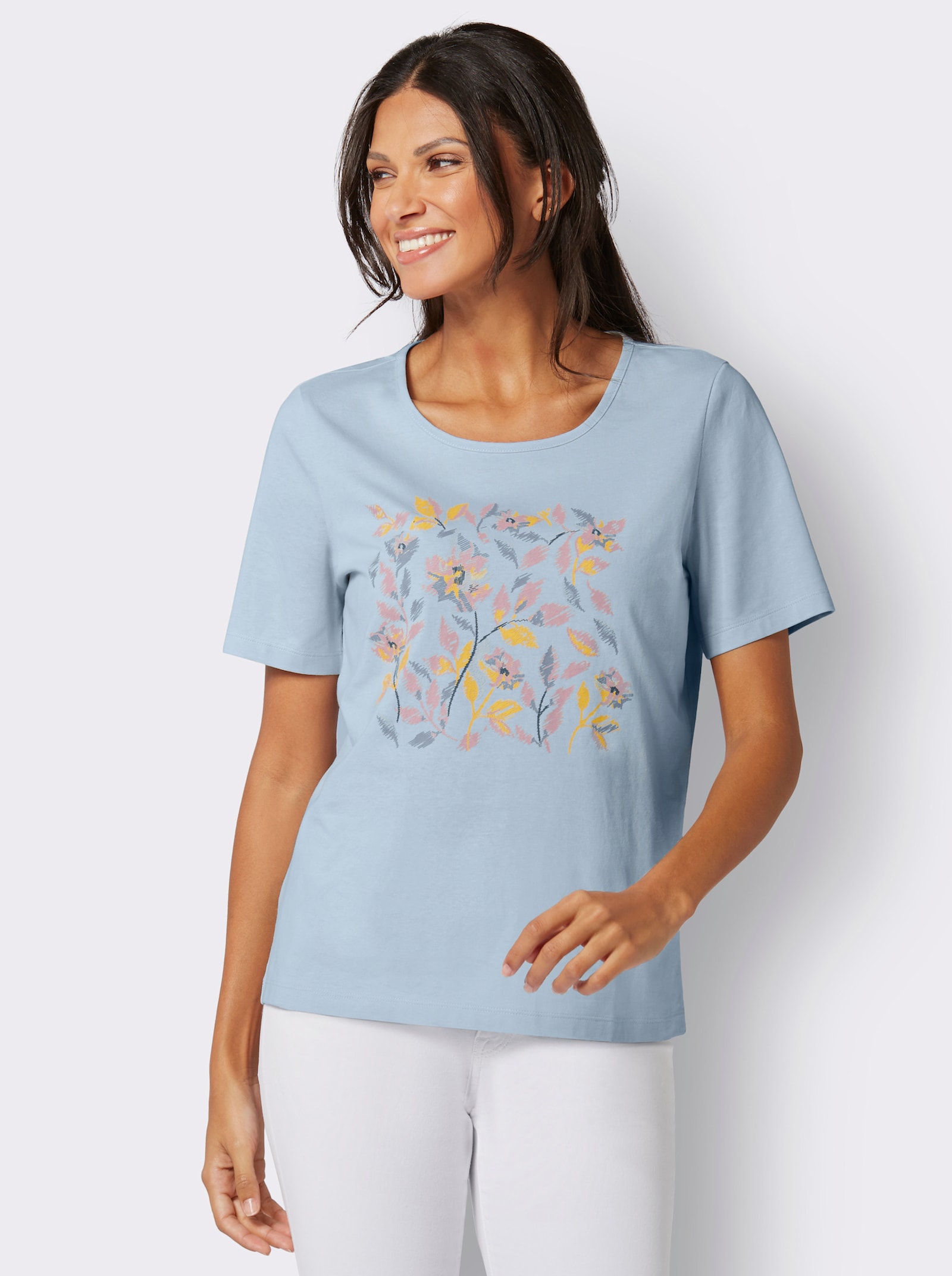 Kurzarmshirt mit platziertem Blüten-Druck - hellblau-rosenquarz