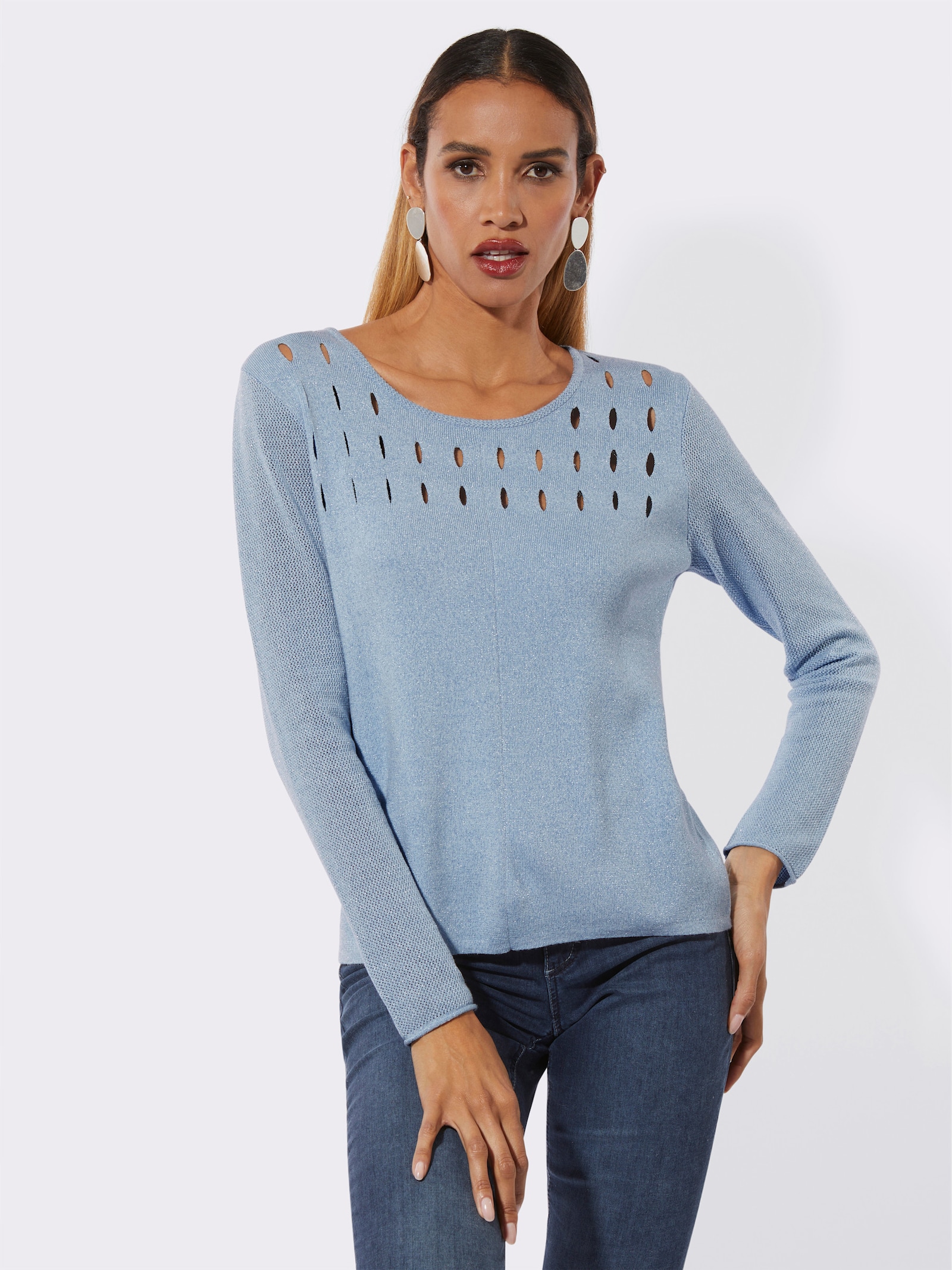 Langarm-Pullover mit Cut-Outs am Ausschnitt - hellblau