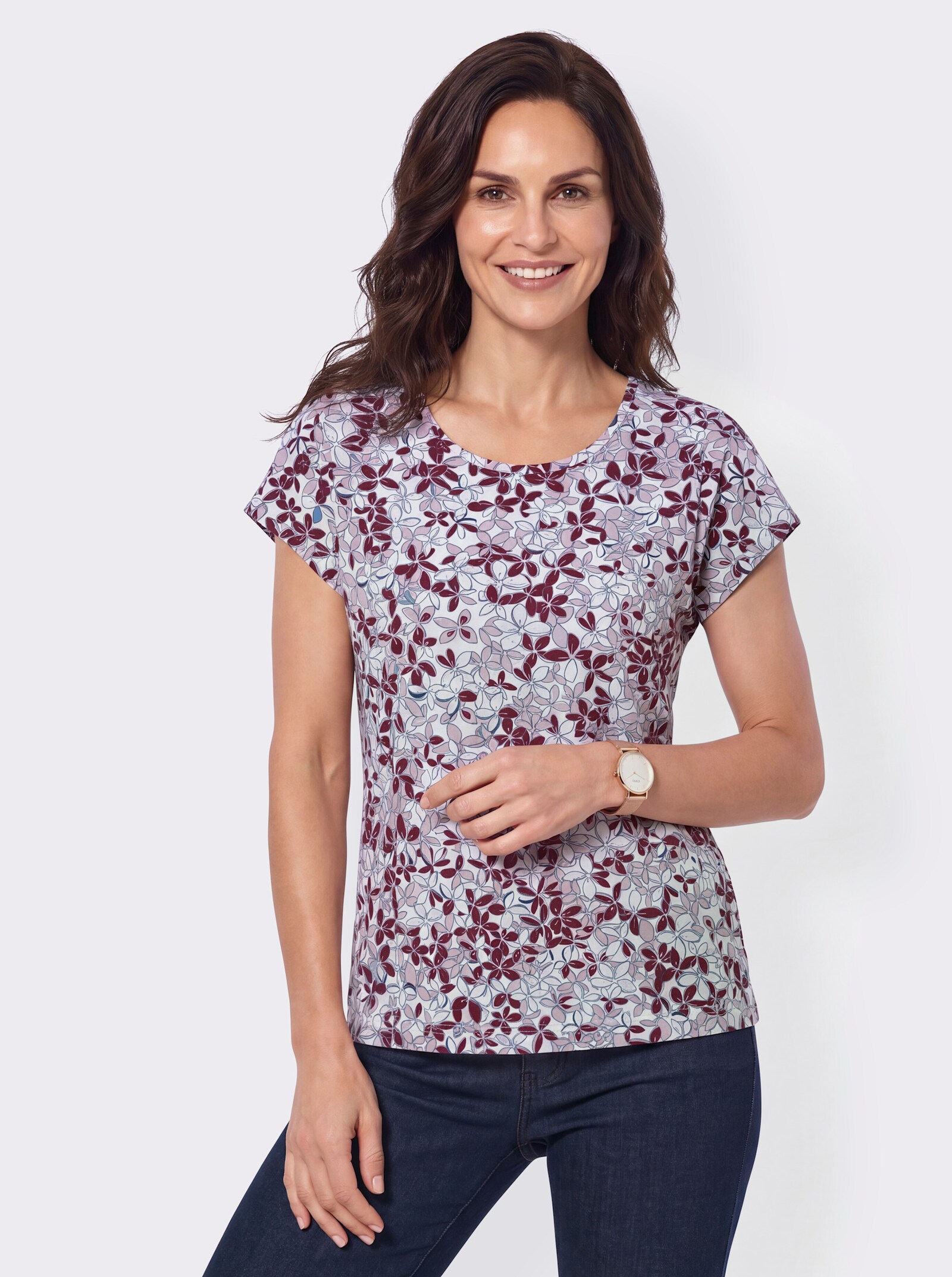 Rundhalsshirt mit überschnittenen Schultern - rosé-taubenblau-bedruckt