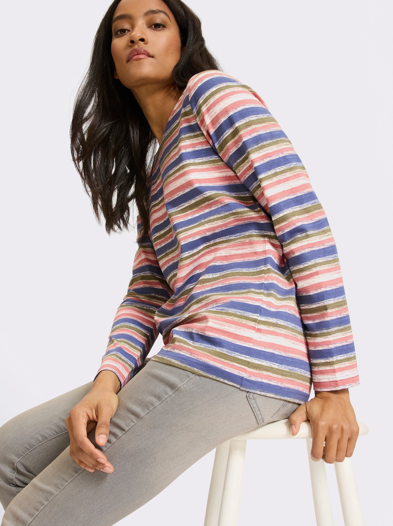 heine Shirt met lange mouwen in streepjeslook - rookblauw/rozenhout gestreept