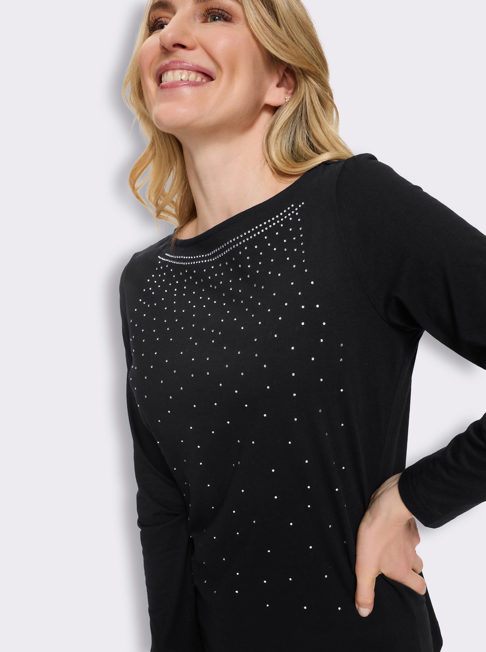 Langarmshirt mit Glitzersteinchen - schwarz