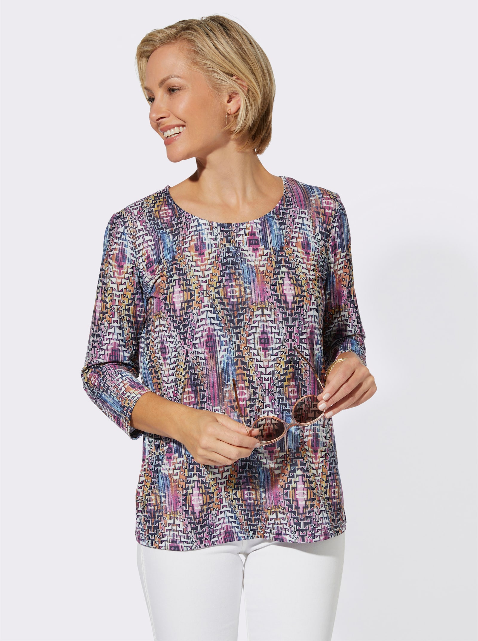 Rundhalsshirt mit 3/4-Ärmeln, pflegeleicht - orchidee-bedruckt