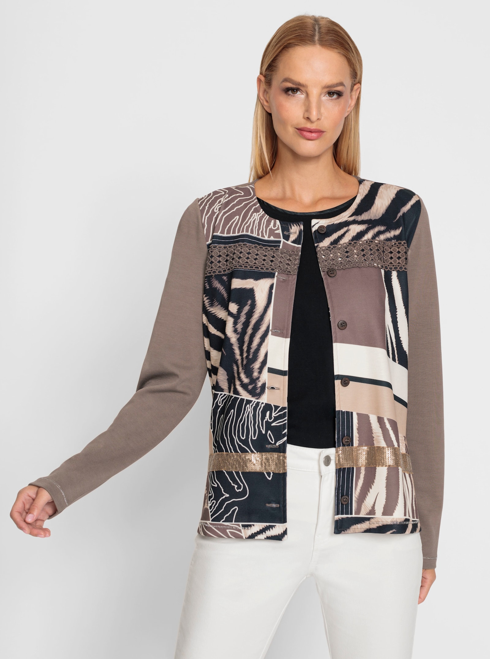 heine Shirtjacke mit Spitze und Pailletten - taupe-schwarz-bedruckt