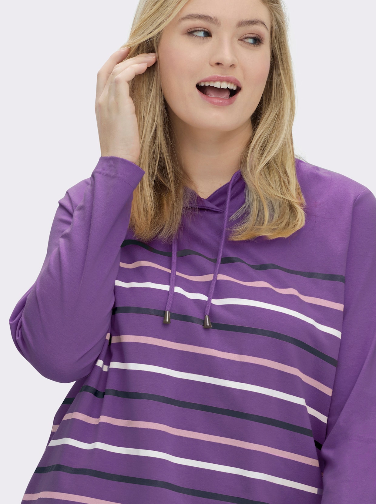 Stehkragenshirt mit Tunnelzug - lila-geringelt