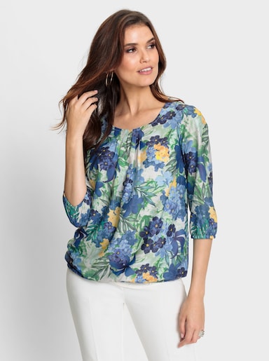 Schlupfbluse mit Gummizug an Ärmeln und Saum - royalblau-smaragd-bedruckt