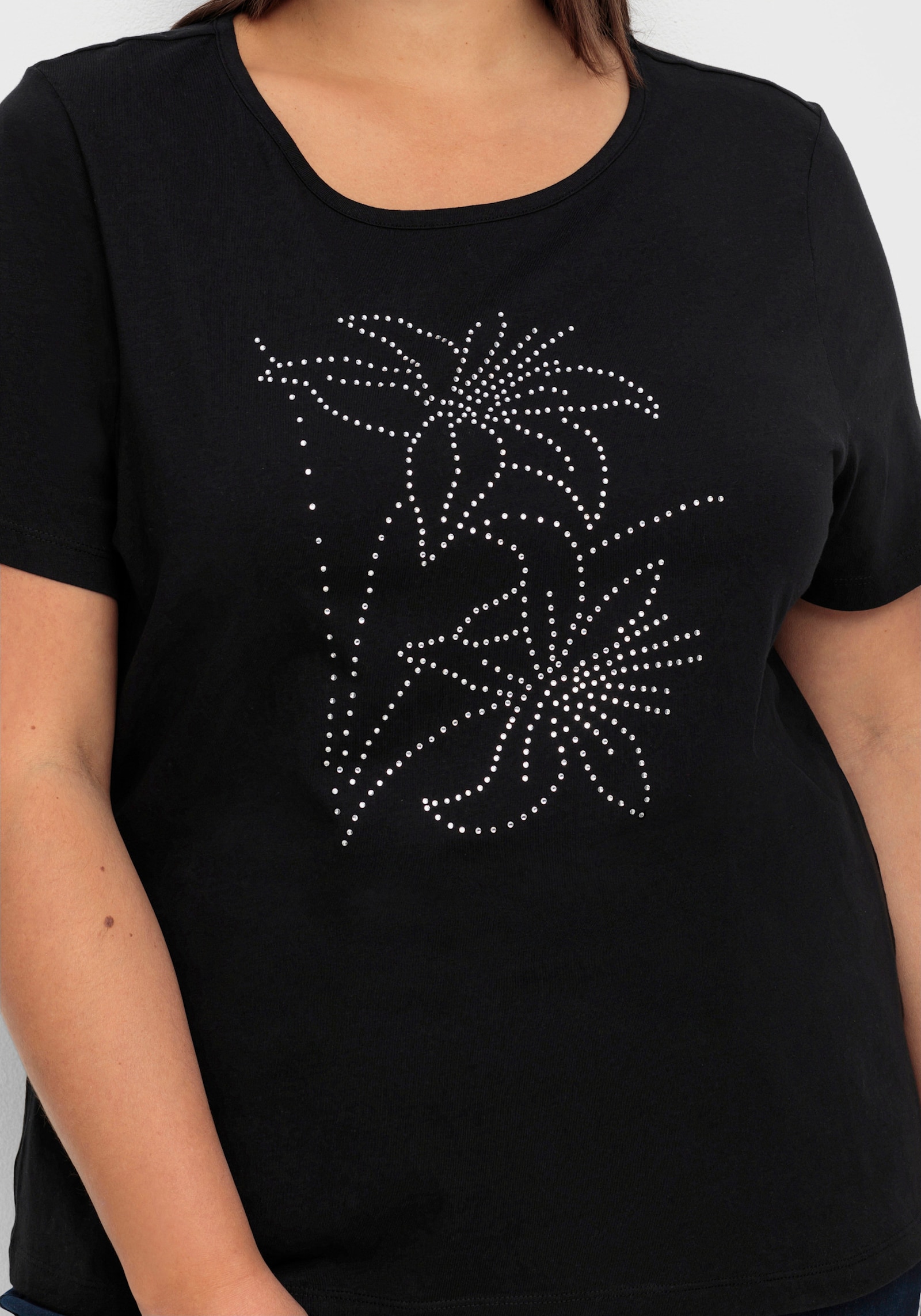 Kurzarmshirt mit Steinchen verziert - schwarz