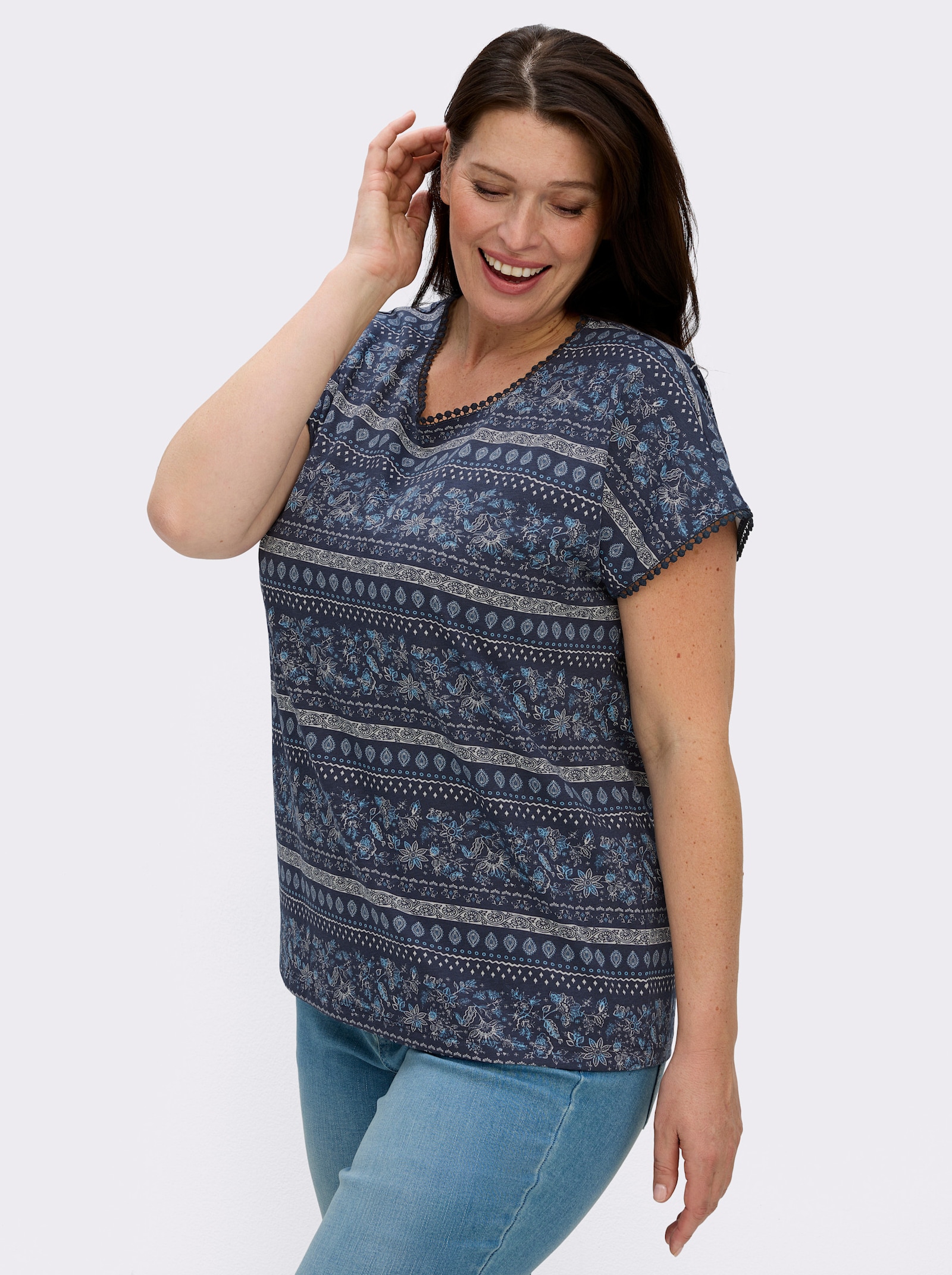  Print-Shirt mit Spitzenborte - marine-ecru-bedruckt