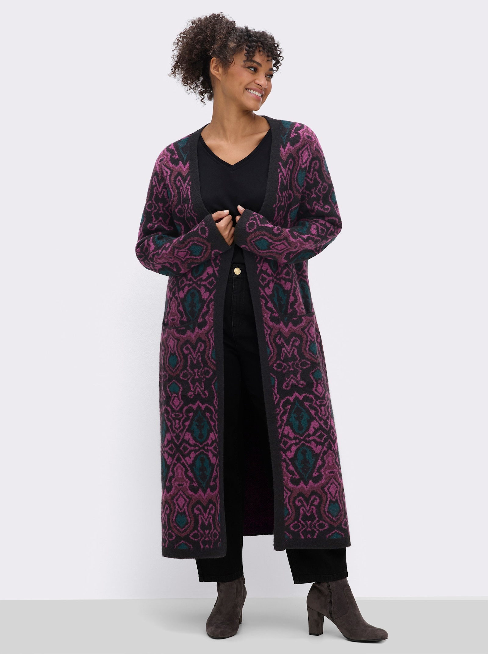 sheego Strickmantel mit Jacquard-Muster - erika-burgund-gemustert