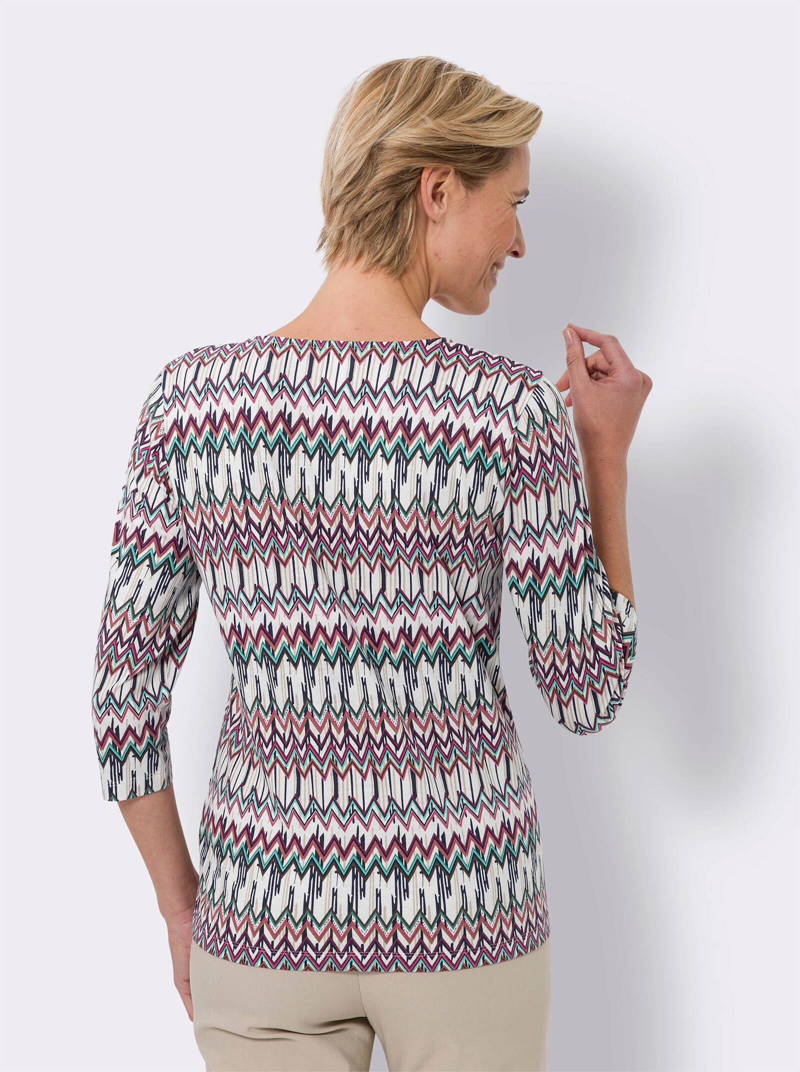 Shirt met 3/4-mouwen van katoen - ecru/fuchsia geprint