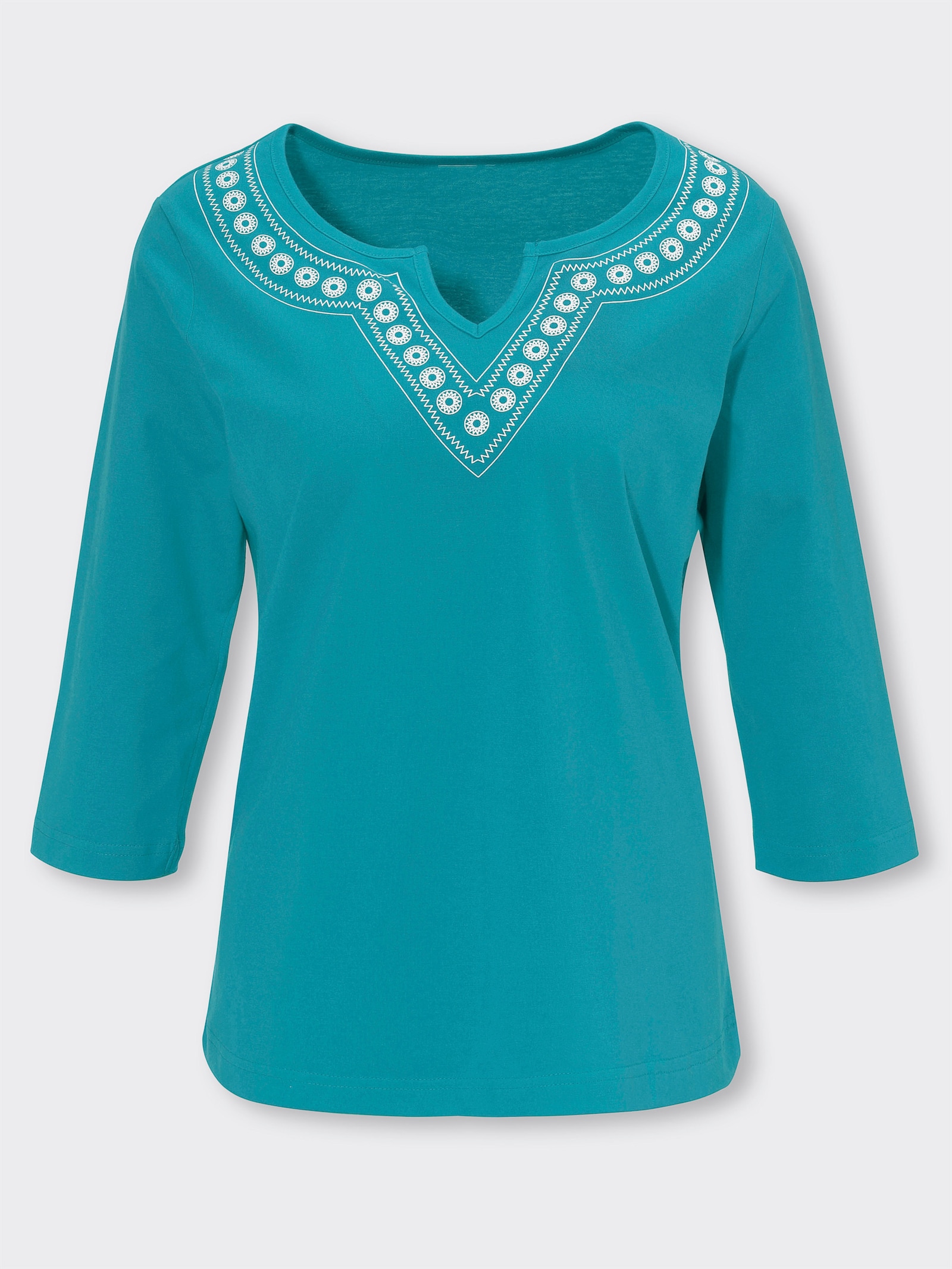 Shirt met 3/4-mouwen en etnopatroon bij de hals - turquoise