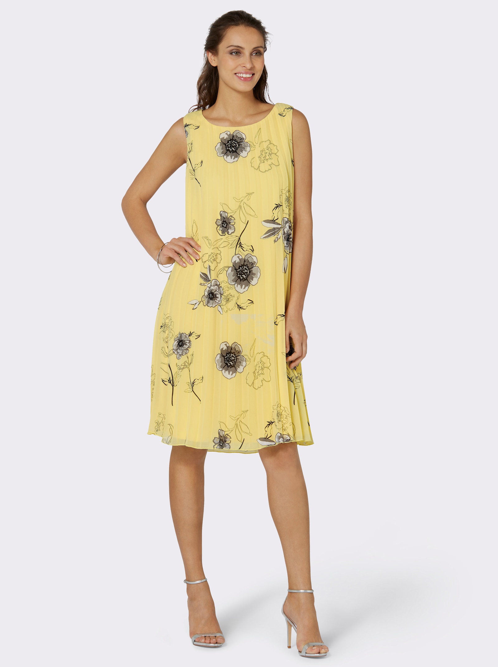 Plisseekleid aus Georgette, gefüttert - zitrone-grau-bedruckt