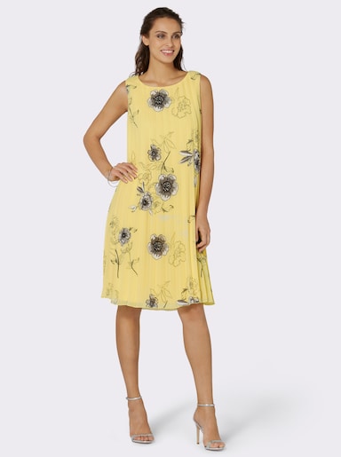 Plisseekleid aus Georgette, gefüttert - zitrone-grau-bedruckt