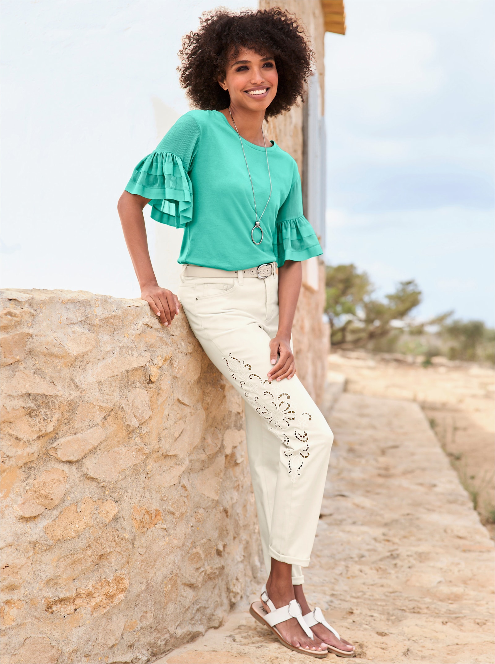 heine Rundhalsshirt mit Volant-Ärmel - blaugrün