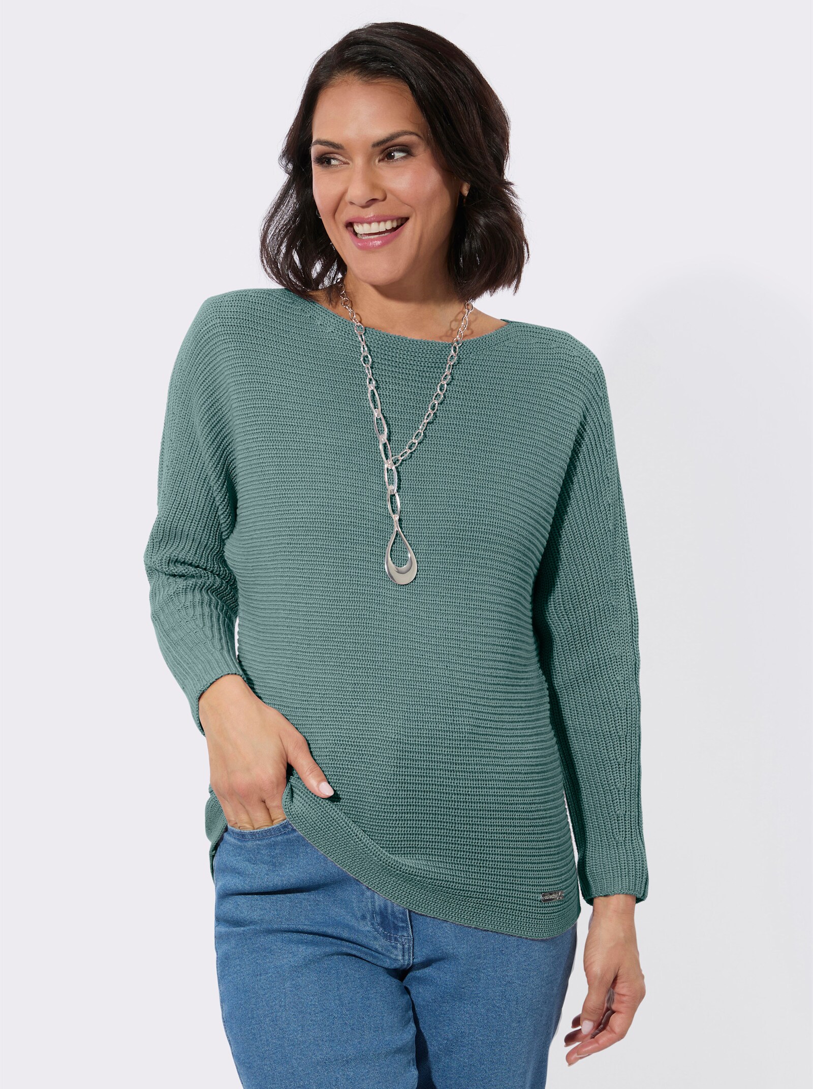 Langarm-Pullover mit U-Boot-Ausschnitt - jade