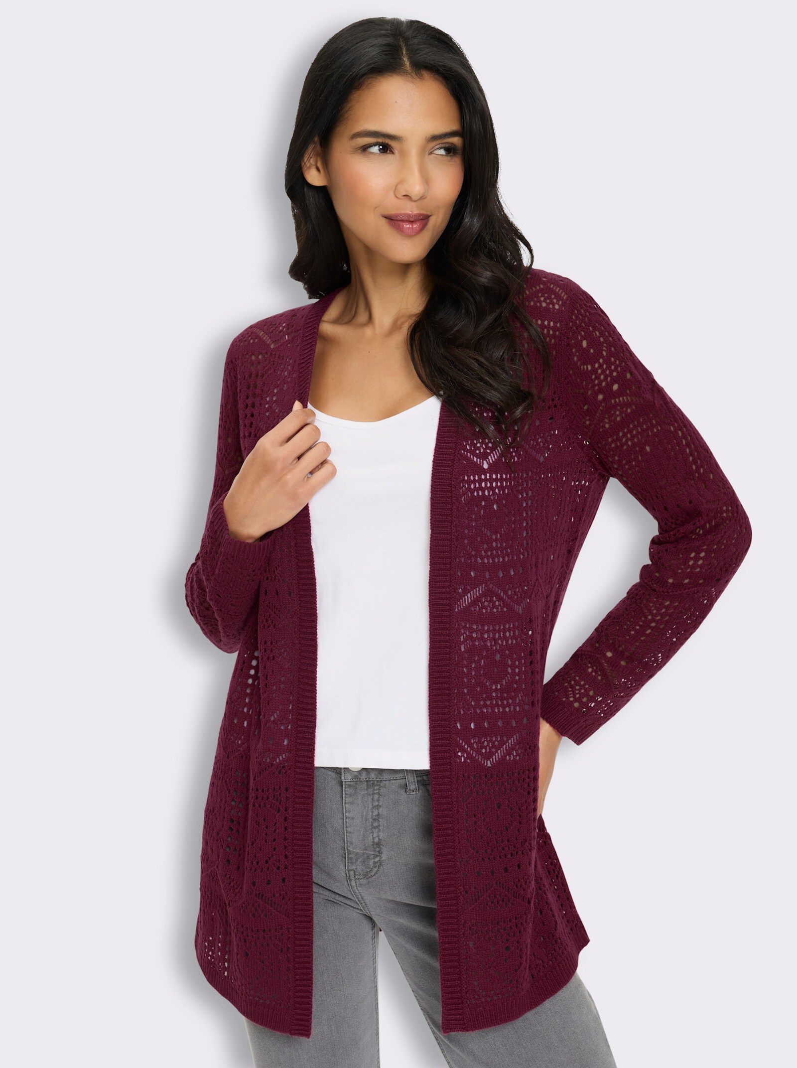 Cardigan in Ajour-Strickmuster - bordeaux