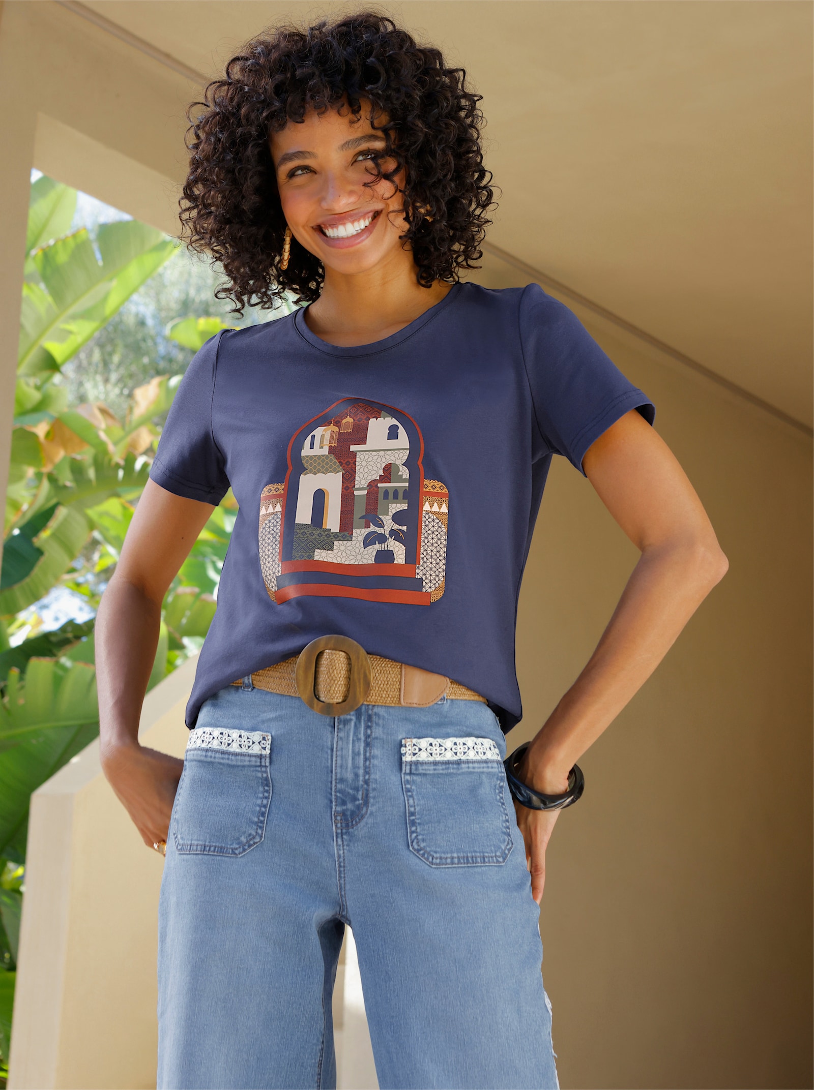 heine Kurzarmshirt mit Frontprint - marine