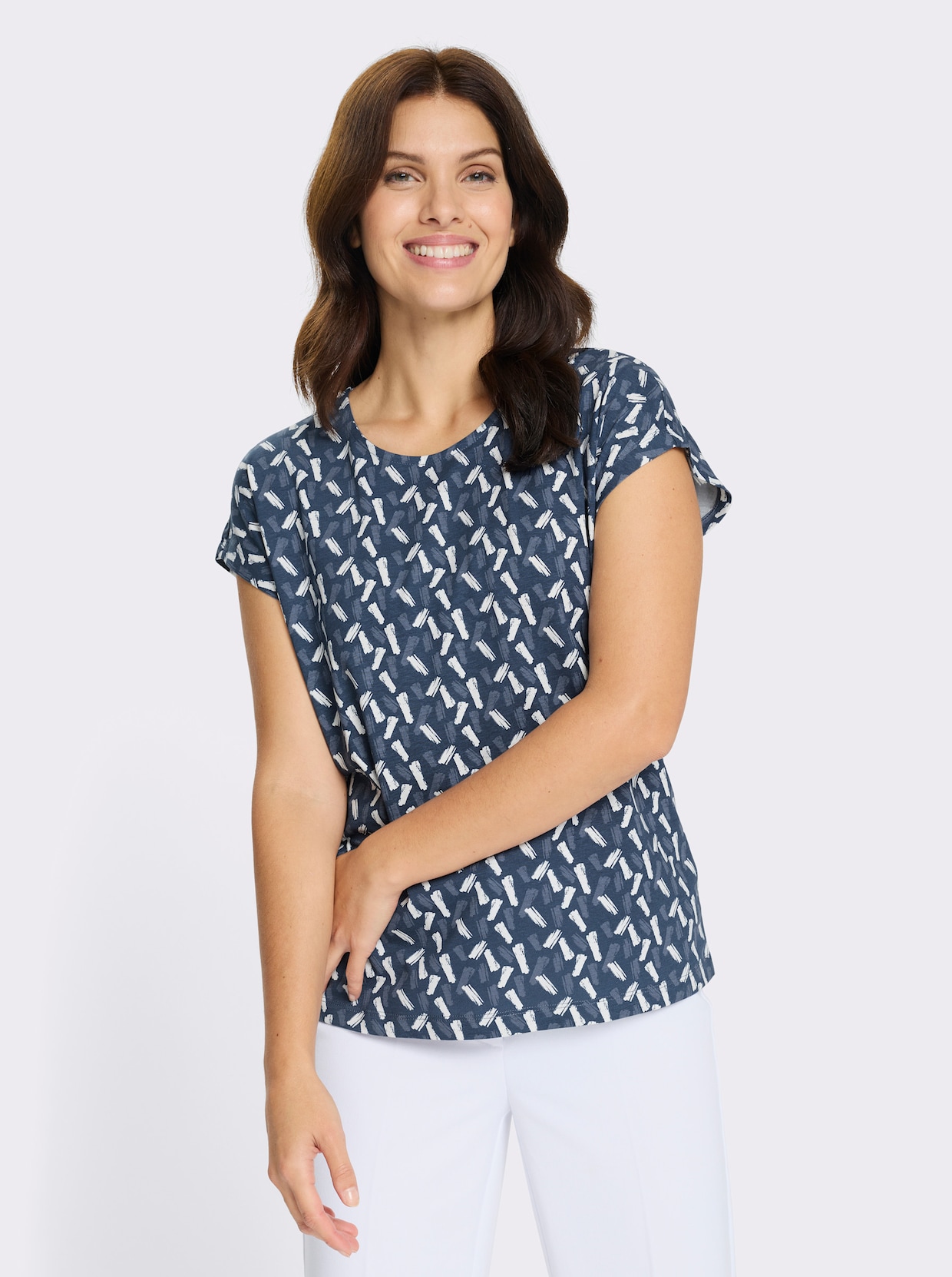 Kurzarmshirt im farbharmonischen Druckmuster - dunkelblau-ecru-bedruckt