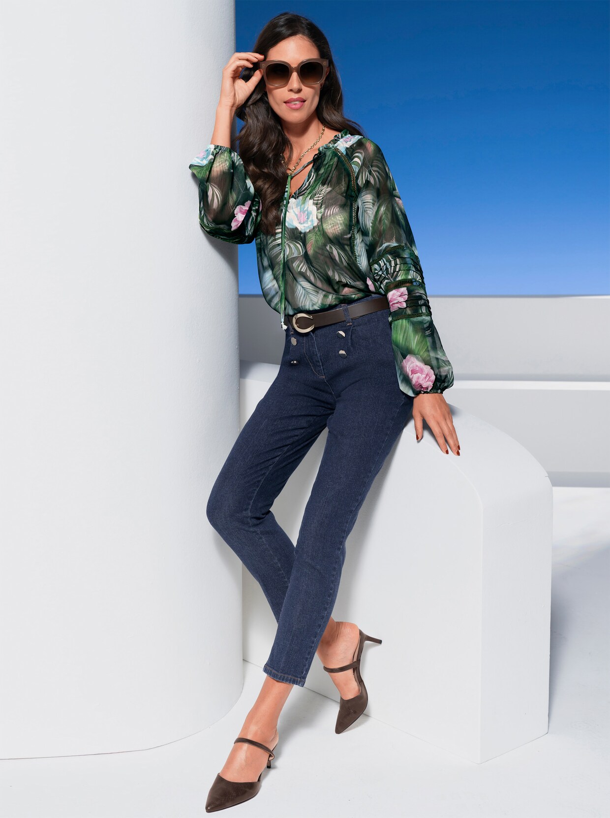 heine Druckbluse - oliv-apfel-bedruckt