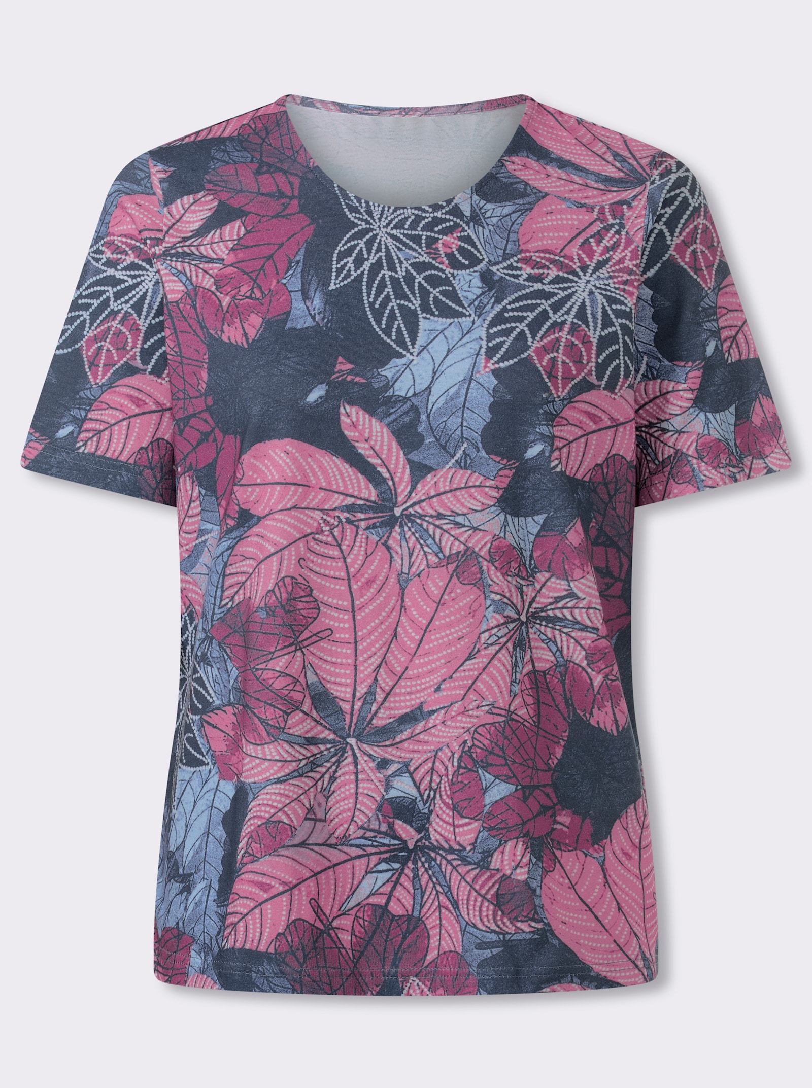 Shirt met ronde hals en bladpatroon rondom - jeansblauw/oudroze bedrukt