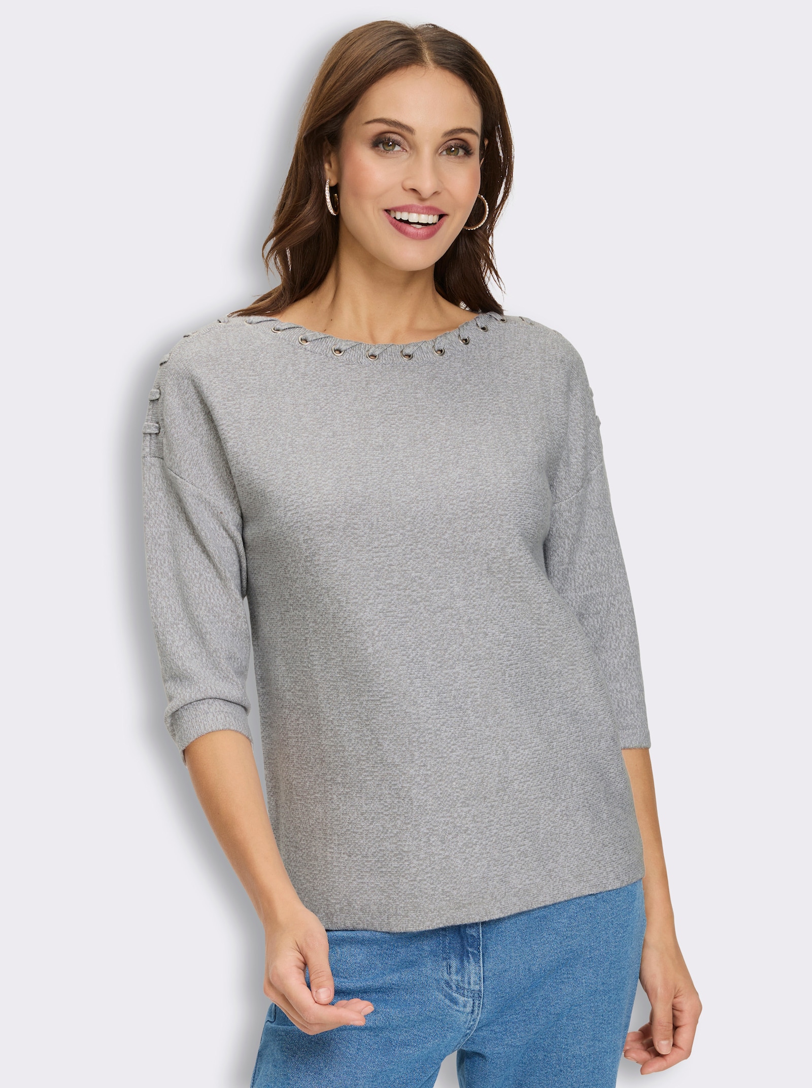Strickpullover mit Bänderverzierung - steingrau-meliert