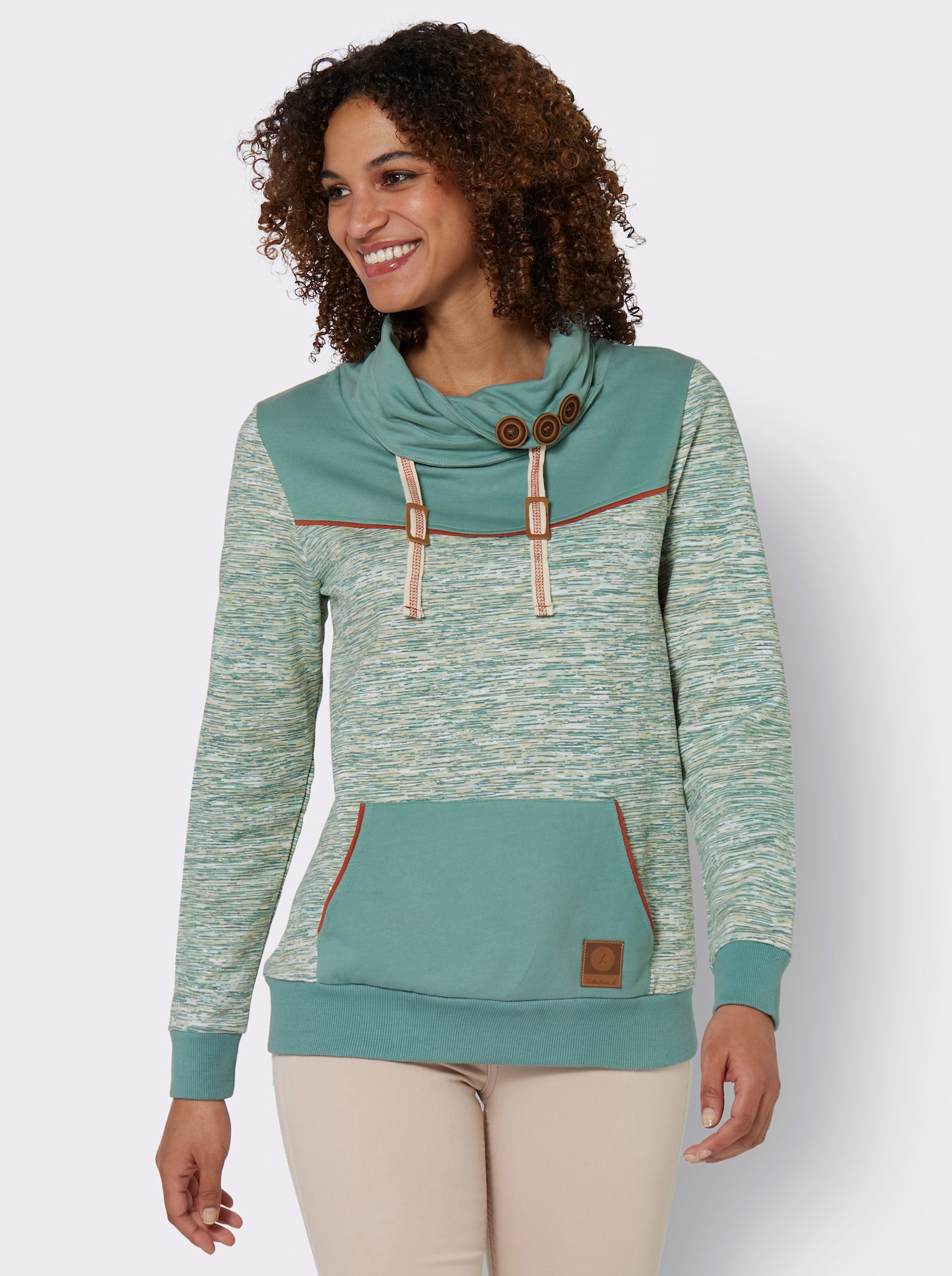  Sweatshirt mit Kontrast-Details - jade-weiß-meliert