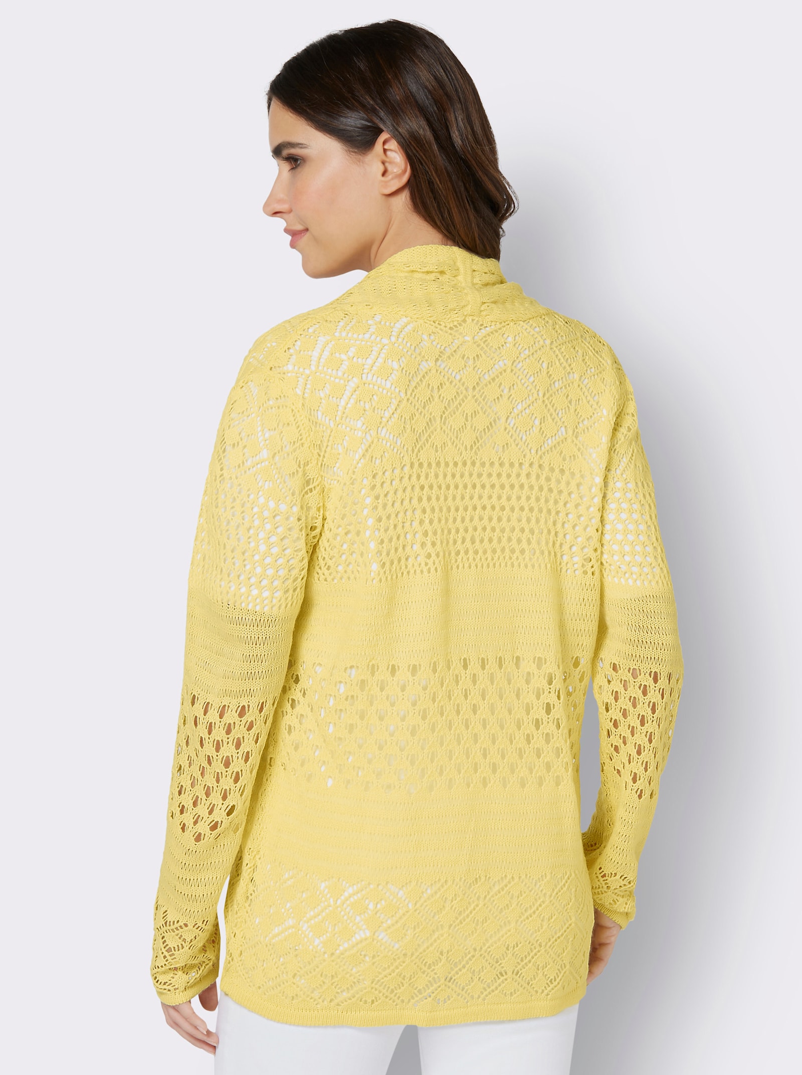 Hålstickad kofta i lång, öppen modell - citron