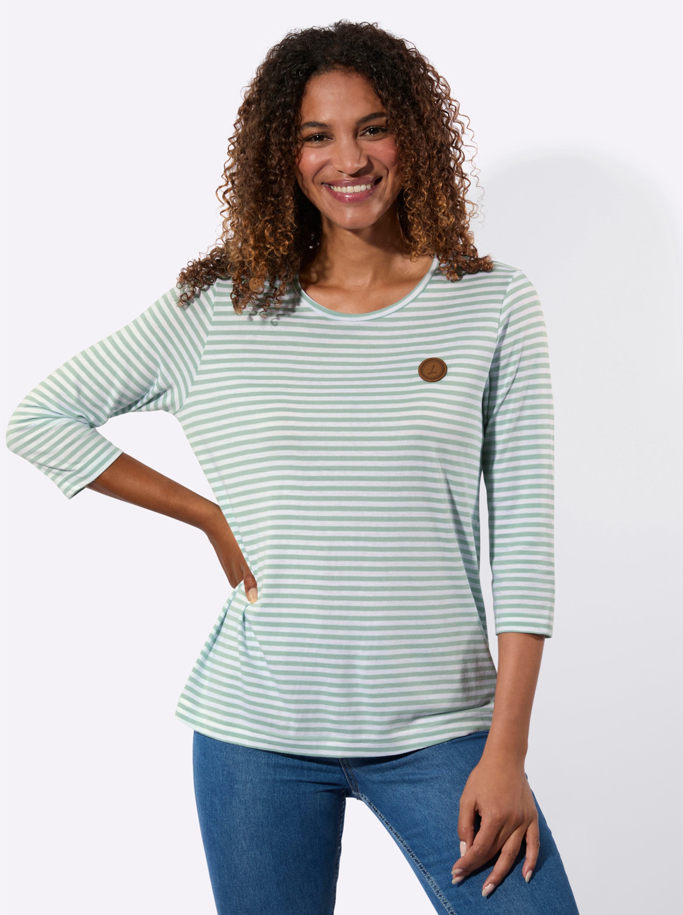 Casual Looks Damen Weiß 3/4-Arm-Shirt "Kurzarm-Shirt", Gr. 36, Grün (Kalkmint, Geringelt), 50% Baumwolle, 50% Modal, Gemustert, Mehrfarbig, Rundh... - Bild 3