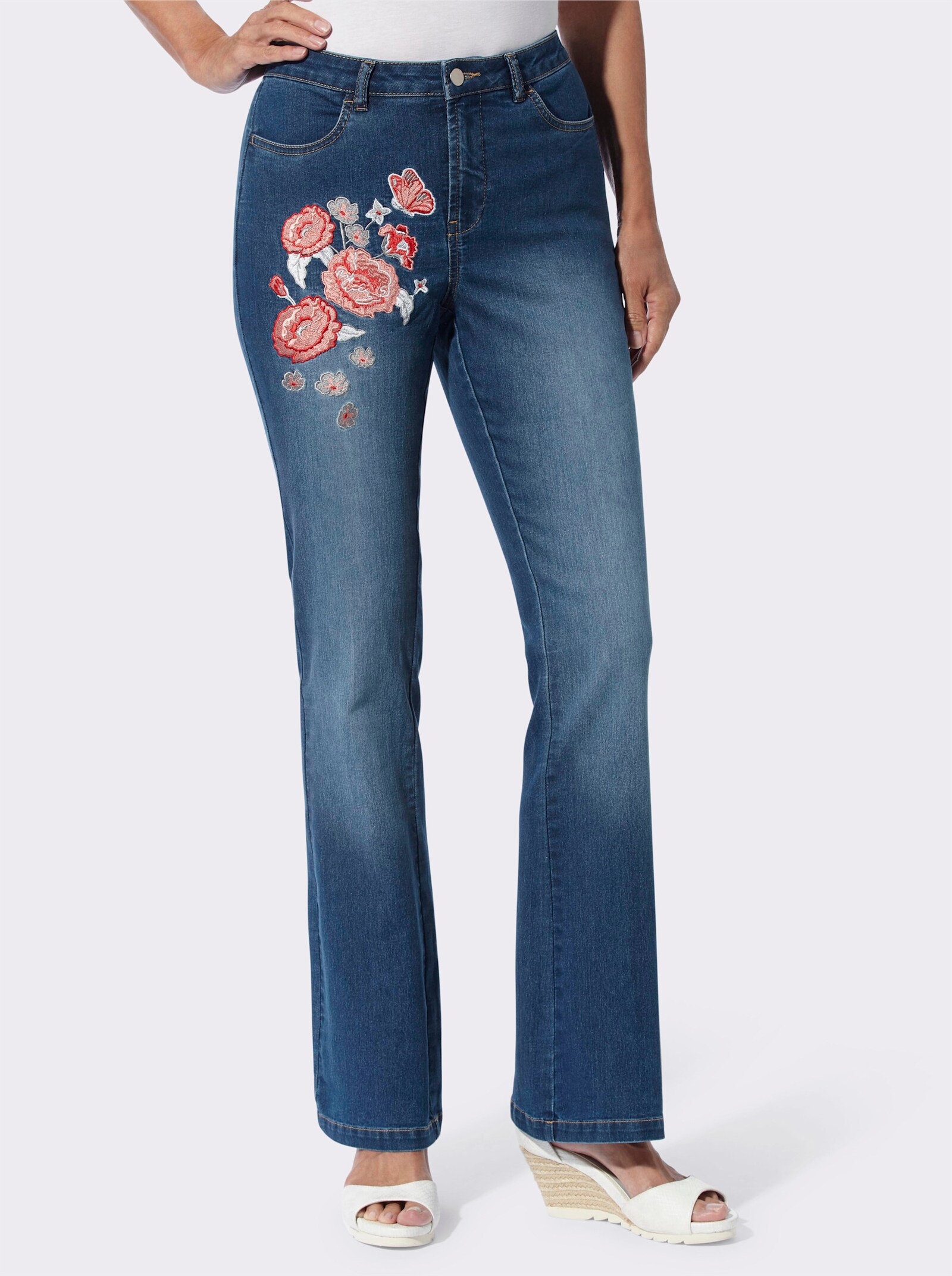 Jeans met bloemenborduursel - blue-stonewashed