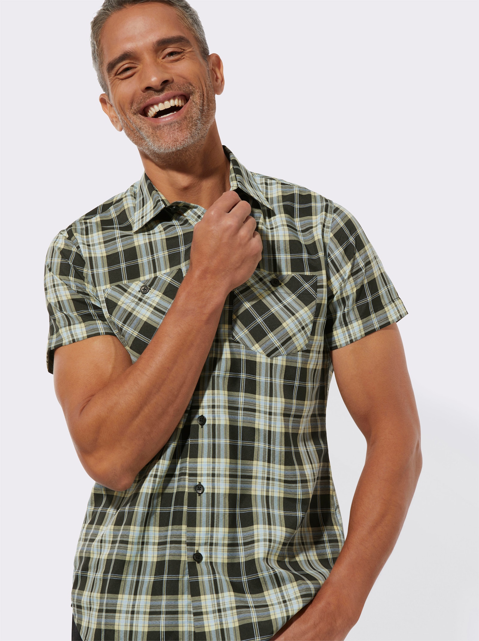 Kurzarmhemd mit Brusttaschen - schwarz-zitrone-kariert